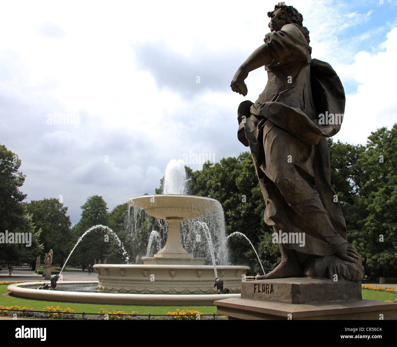A statue and a fountain in the Saxon Garden, Warsaw, Mazovia, Poland, Europe Stock Photo