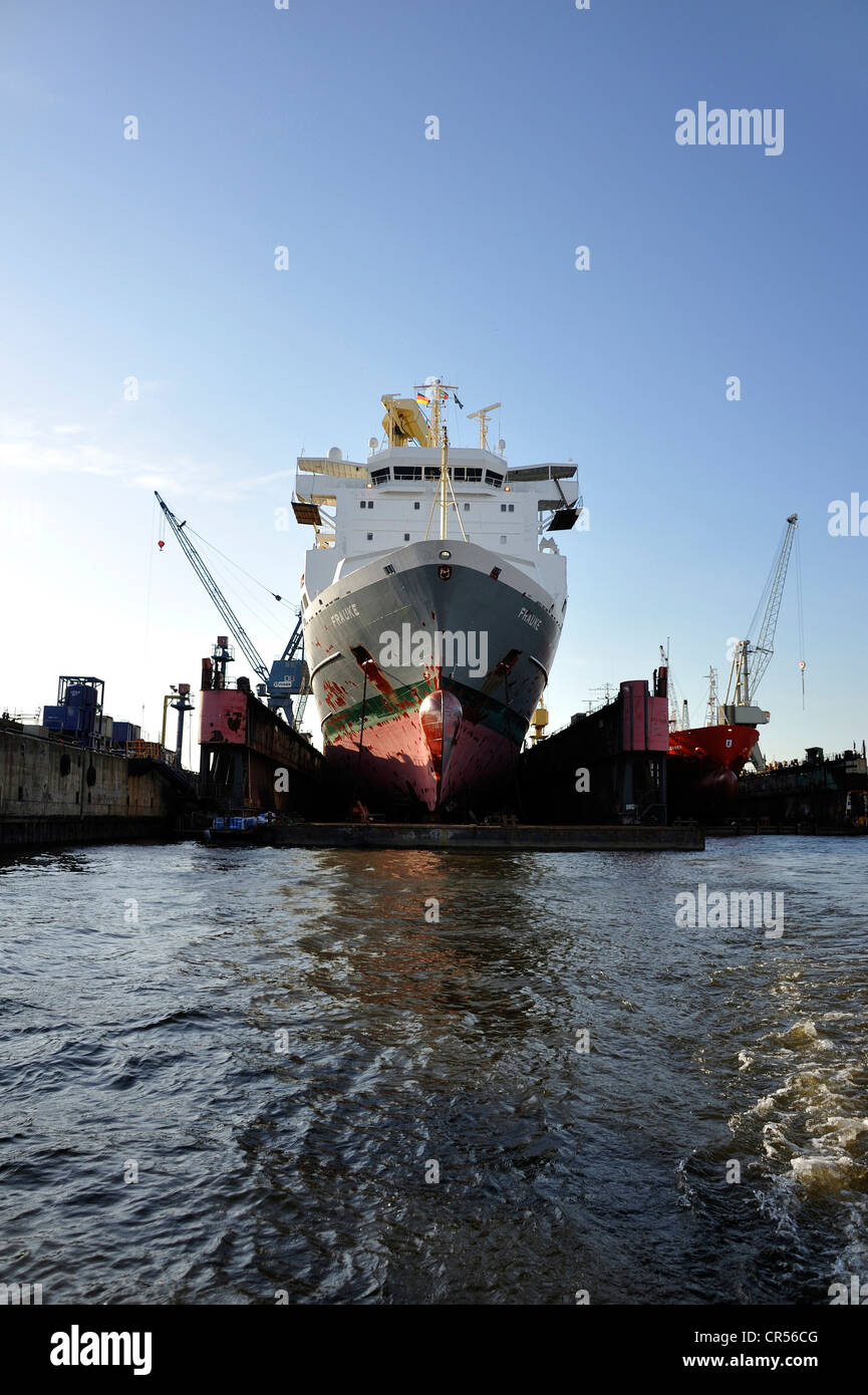 Cargo ship in a dry dock of the Port of Hamburg, Hanseatic City of Hamburg, Germany, Europe Stock Photo