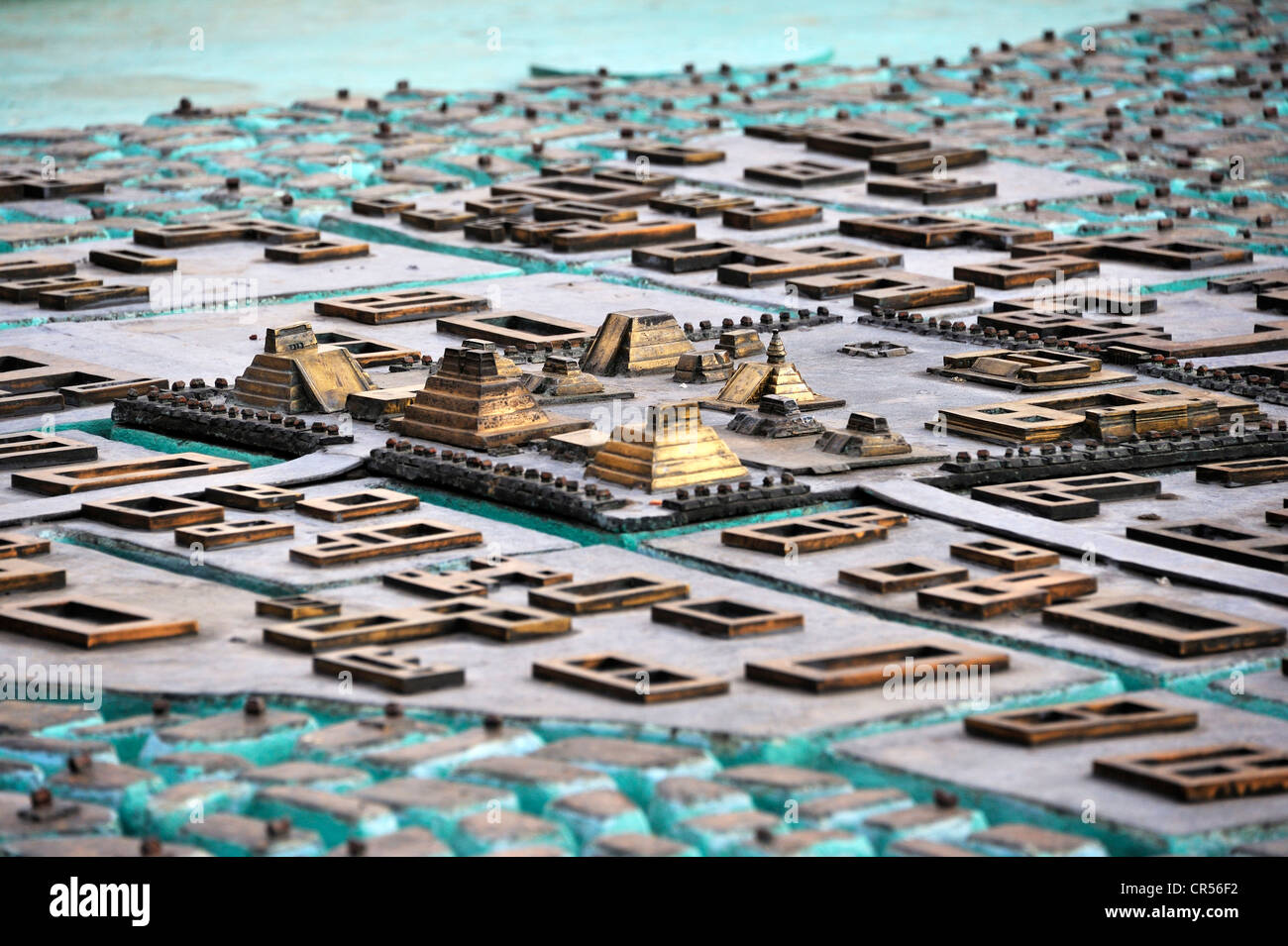 Bronze model of the Zocalo, the central square of Mexico City, at the time of the conquest by the Spaniards, with the shrines Stock Photo