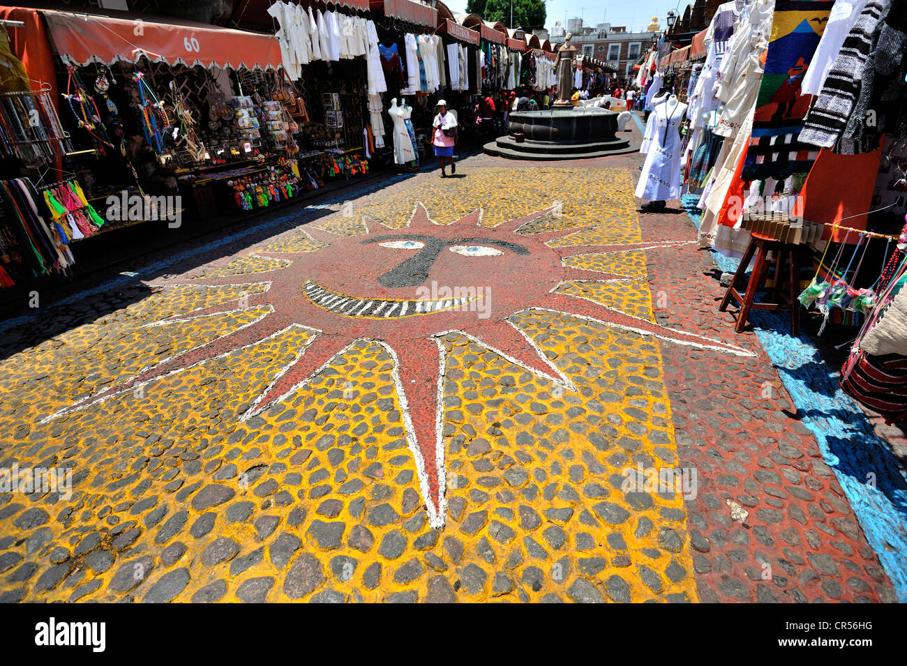 Sun mural on a street with souvenir shops, Puebla, Mexico, Latin America, North America Stock Photo