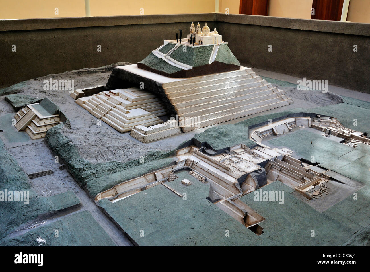Model of the pre-Hispanic Pyramid of Cholula and the church of Iglesia Nuestra Senhora de los Remedios in the museum of the Stock Photo