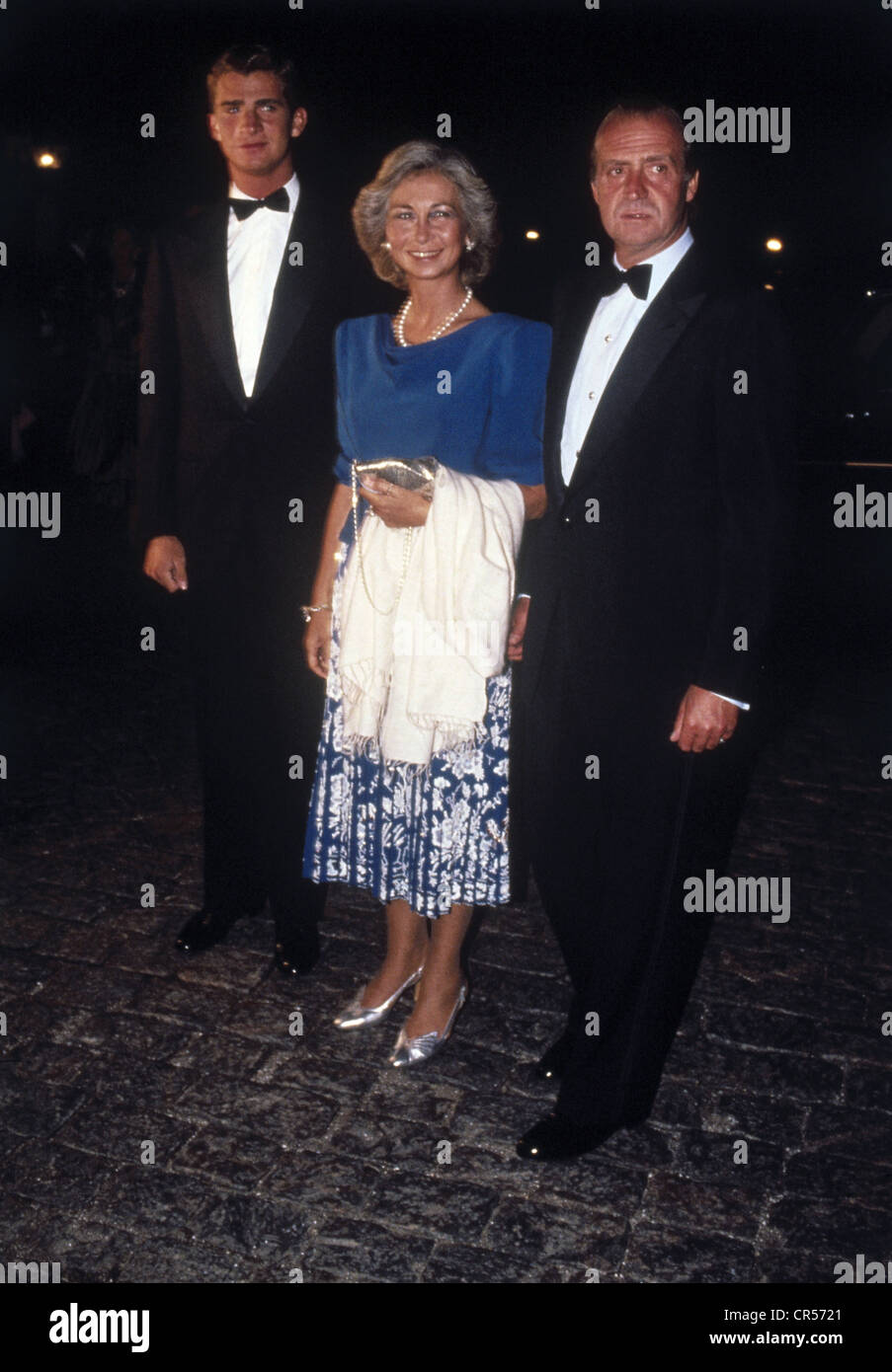 Juan Carlos I, * 5.1.1938, King of Spain since 22.11.1975, with wife Queen Sophia and son Felipe Prince of Asturias, on occasion of the wedding anniversary of King Constantine II and Queen Anne-Marie of Greece, 1998, Stock Photo