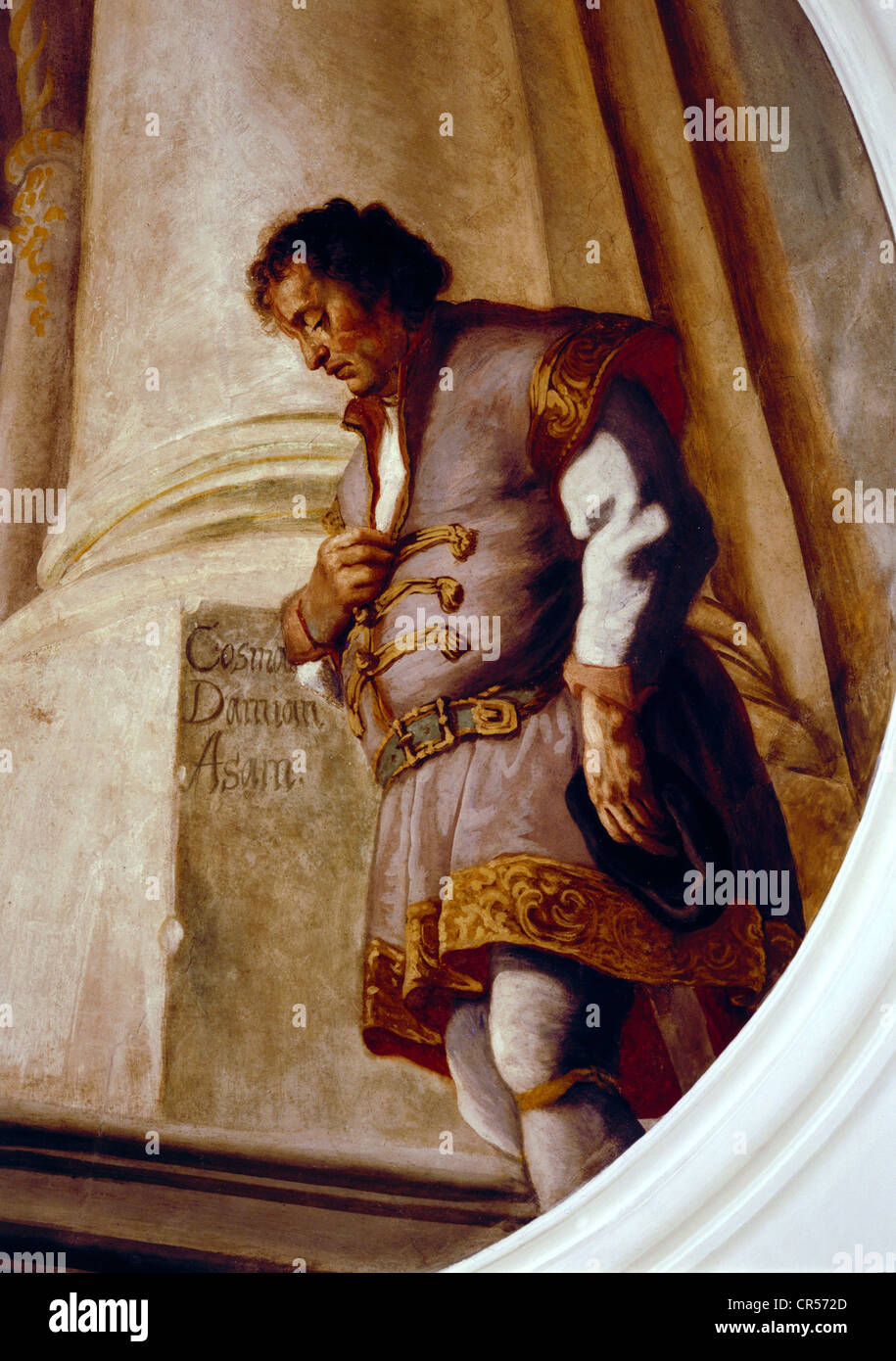 Asam, Cosmas Damian, 28.9.1686 - 10.5.1742, German painter, sculptor and architect, half length, painting, fresco, 1731, monastery church, Osterhofen, Lower Bavaria, Stock Photo