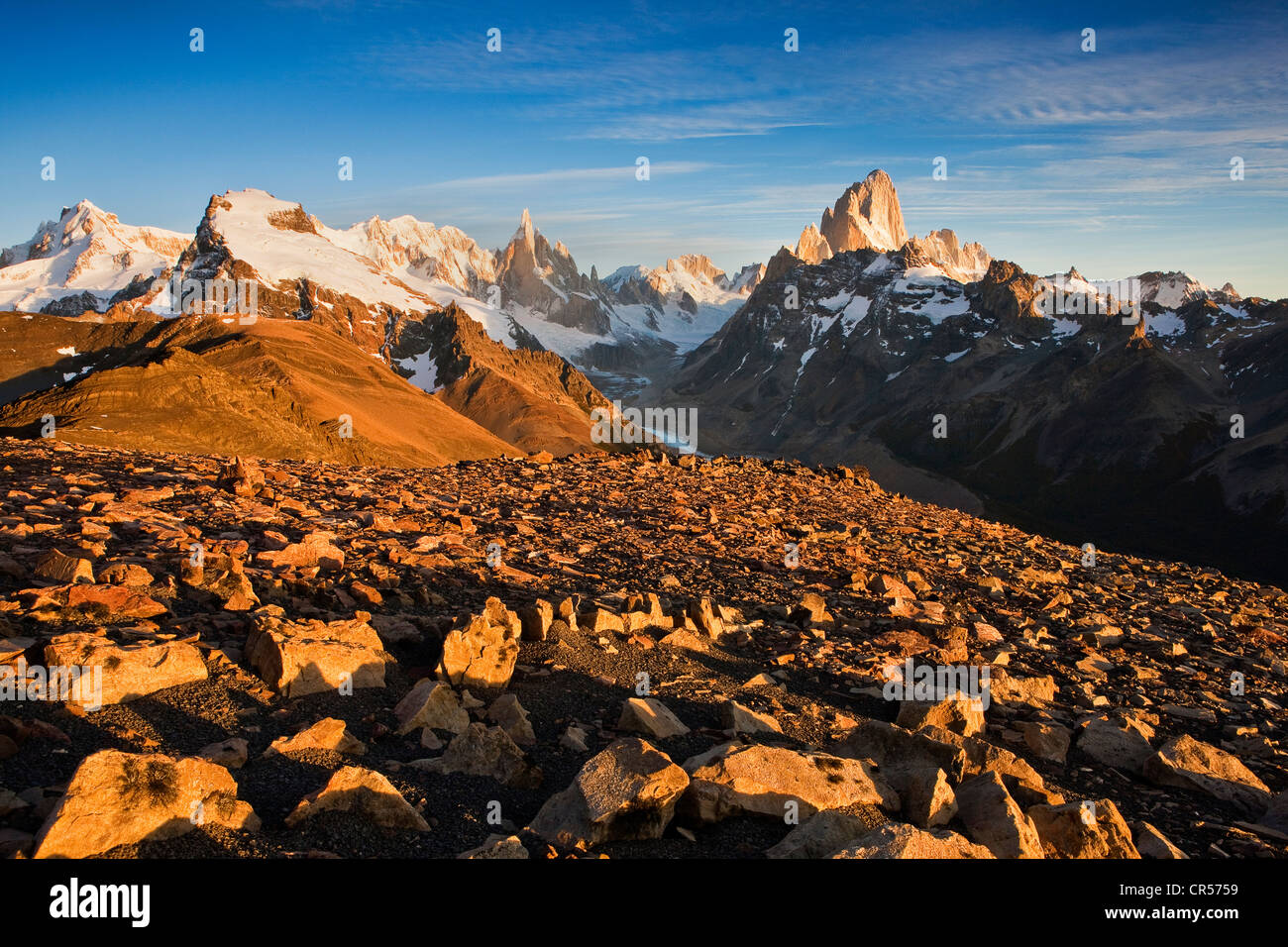 Summit of Fitz Roy Mountain and Cerro Torre Mountain, Patagonia, Los Glaciares National Park, Argentina, South America Stock Photo