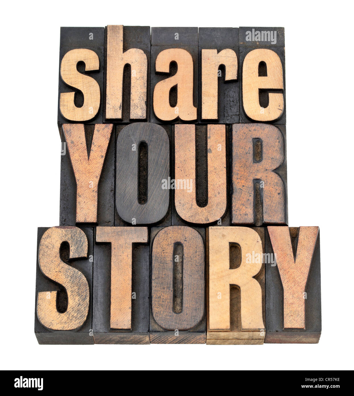 share your story phrase - isolated text in vintage letterpress wood type Stock Photo