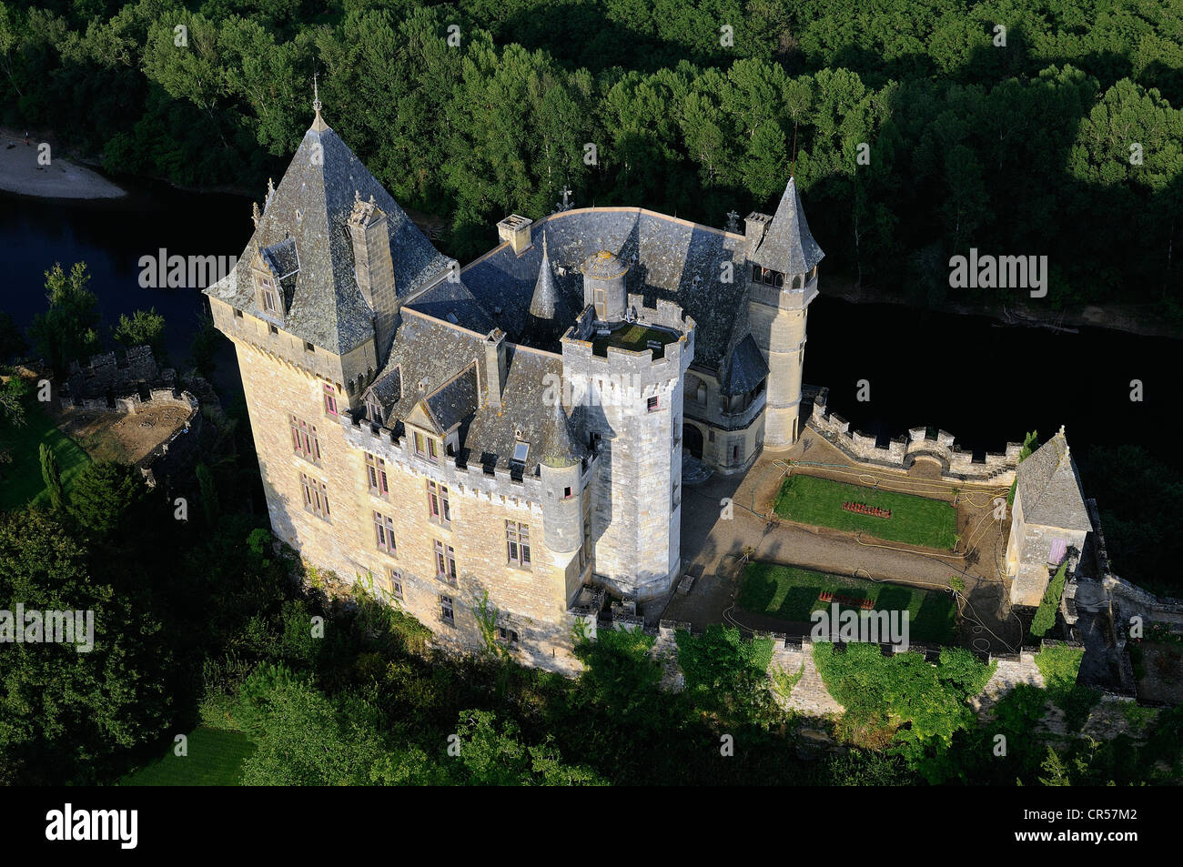 France, Dordogne, Perigord Noir, Vitrac, Chateau de Montfort (aerial view) Stock Photo