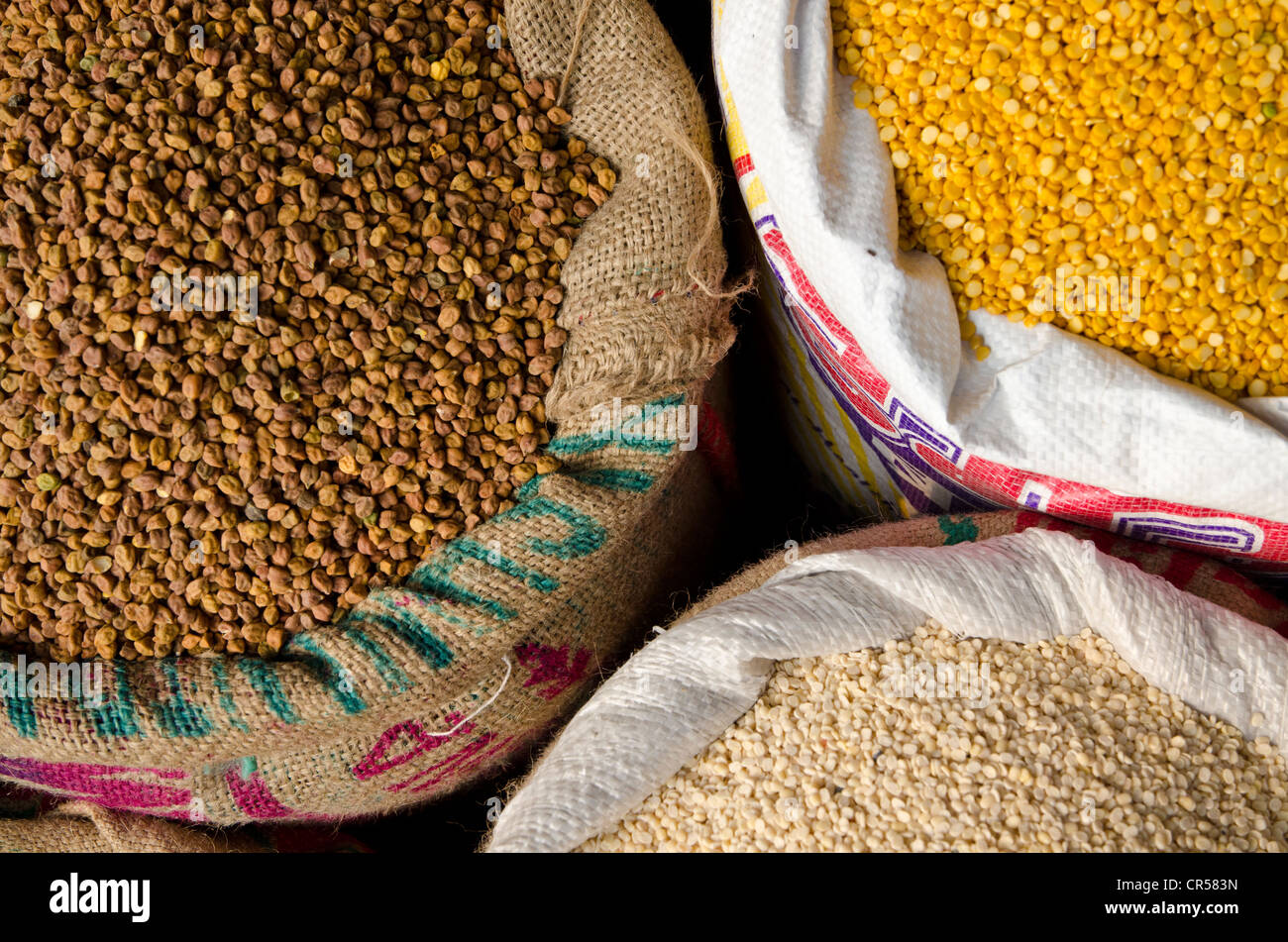 Moong Dhal, Urid Dhal and other types of lentils for sale on the market in the suburb of Paharganj, New Delhi, India, Asia Stock Photo