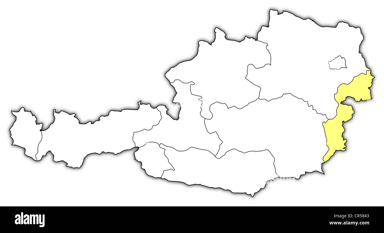 Political map of Austria with the several states where Burgenland is highlighted. Stock Photo