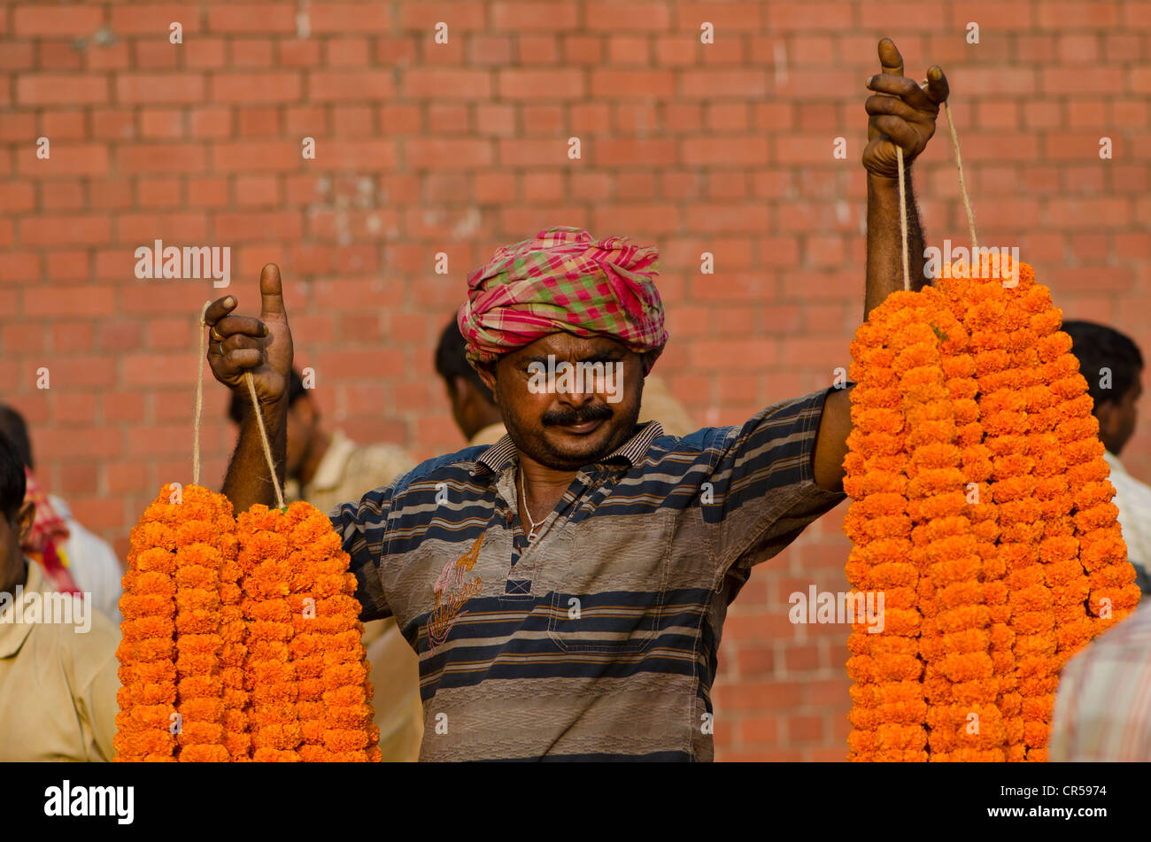 Flower garlands for sale at the flower market of Kolkata, West Bengal, India, Asia Stock Photo