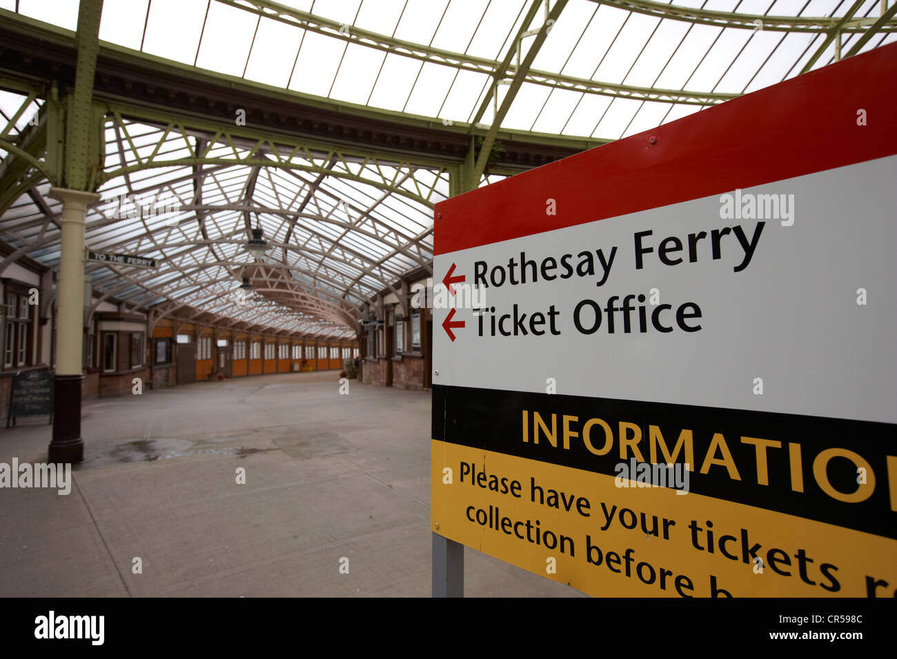 sign for the rothesay ferry and ticket office inside weymss bay railway station scotland uk Stock Photo