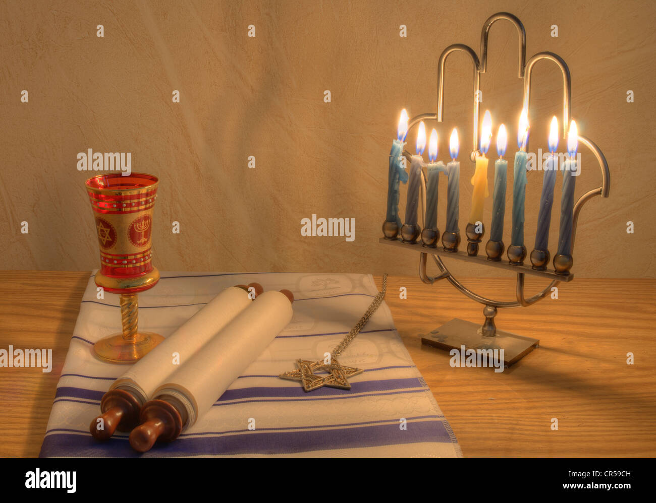 A Judaic Hannukah Menorah, and other objects. Stock Photo