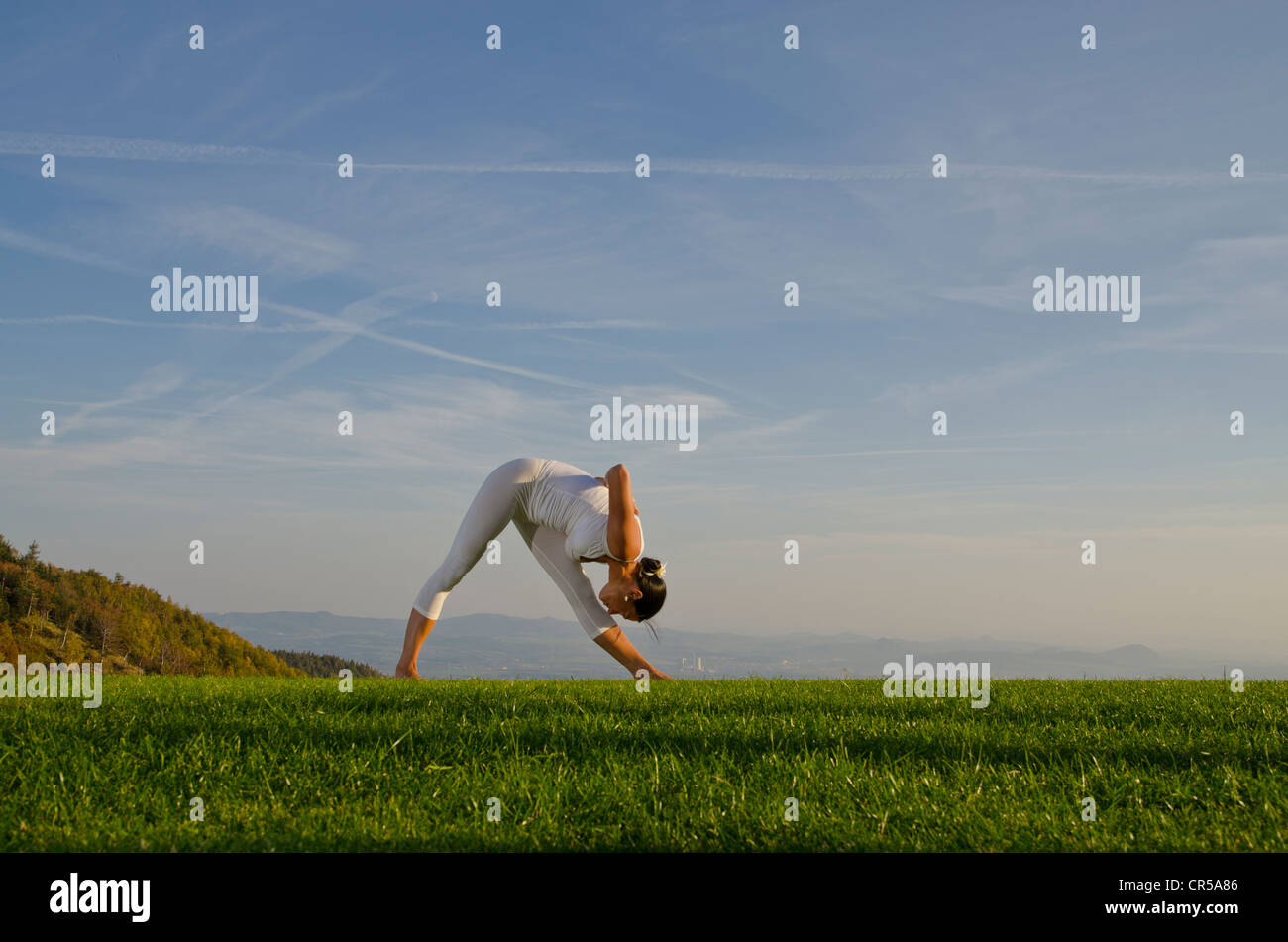 Young woman practising Hatha yoga outdoors, showing the pose parshvottanasana, sidestrech, , Czech Republic, Europe Stock Photo