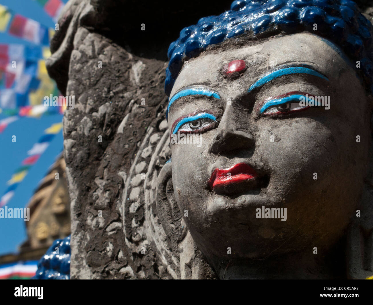 Buddha image in front of the Kathesimbu stupa in Kathmandu, Nepal, South Asia Stock Photo