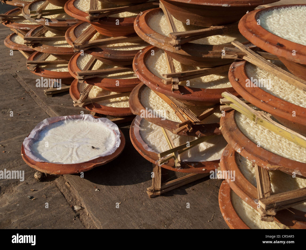 Yoghurt in traditional clay pots, for sale in the streets of Kathmandu, Nepal, South Asia Stock Photo