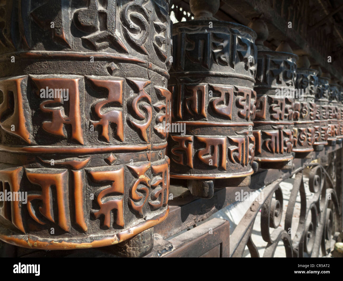 Prayer mills at the temple of Swayamboudnath, Kathmandu, Nepal, South Asia Stock Photo