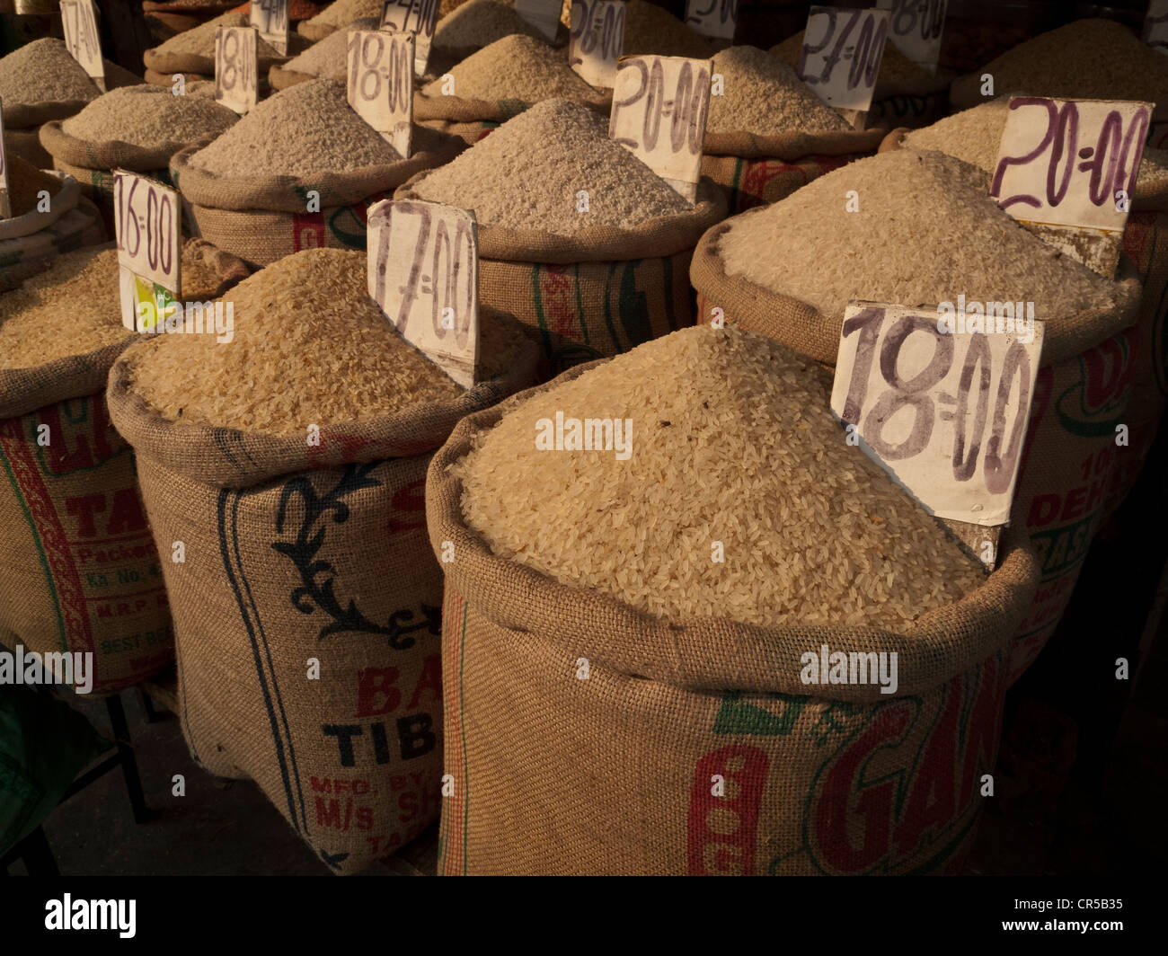 Many different sorts of rice, for sale at the spice wholesale market in