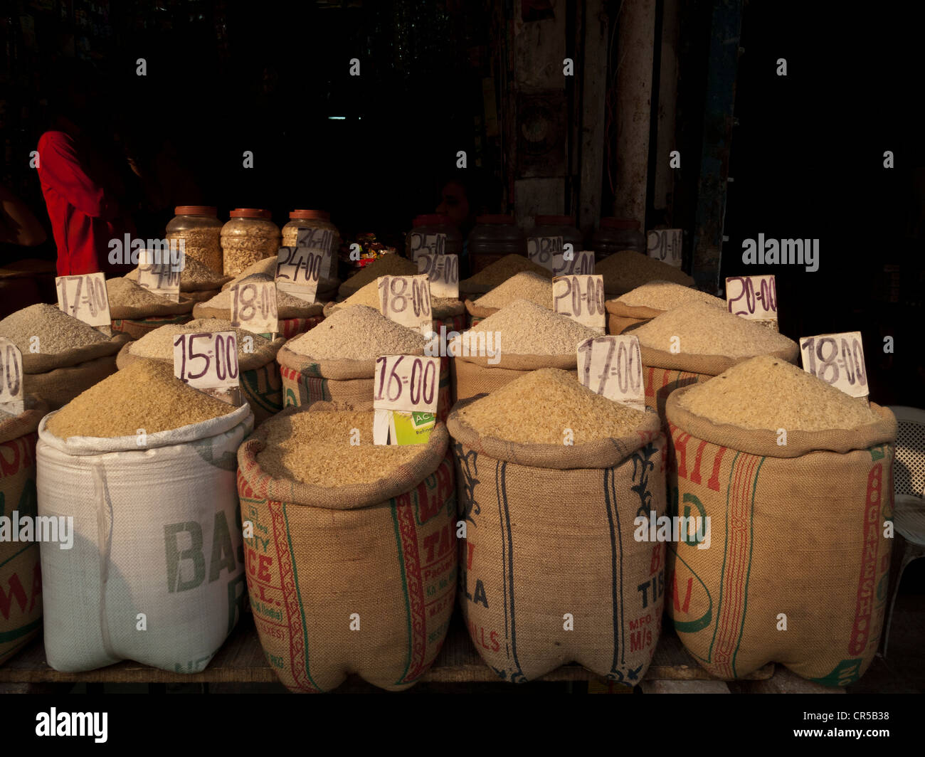 Many different sorts of rice, for sale at the spice wholesale market in
