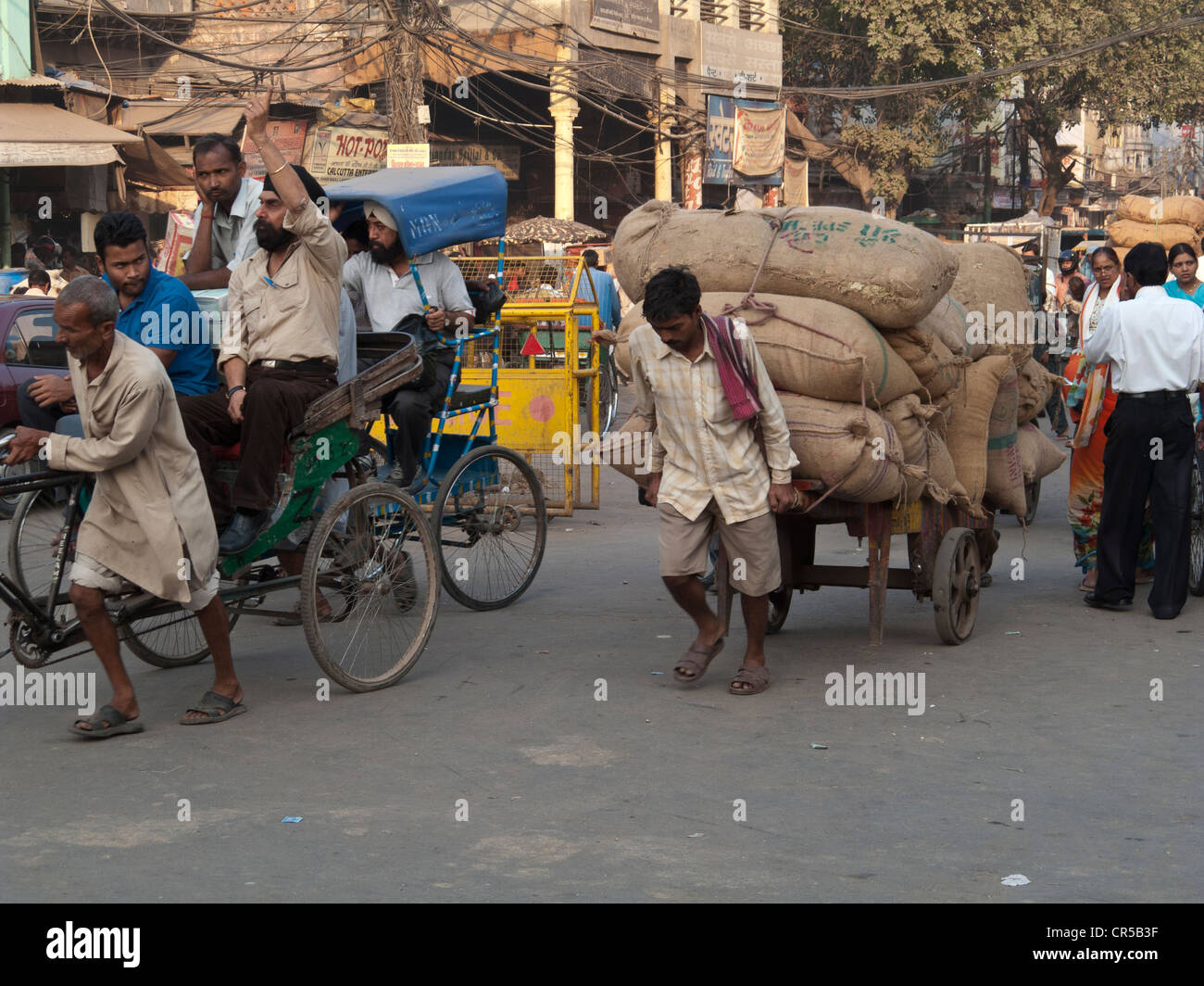 Spices and crops are transported with traditional karts to the spice wholesale market in Old Delhi, India, Asia Stock Photo