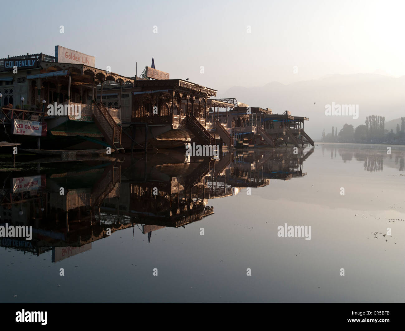 Houseboats on Dal Lake, popular to accomodate tourists in Srinagar, Jammu and Kashmir, India, Asia Stock Photo