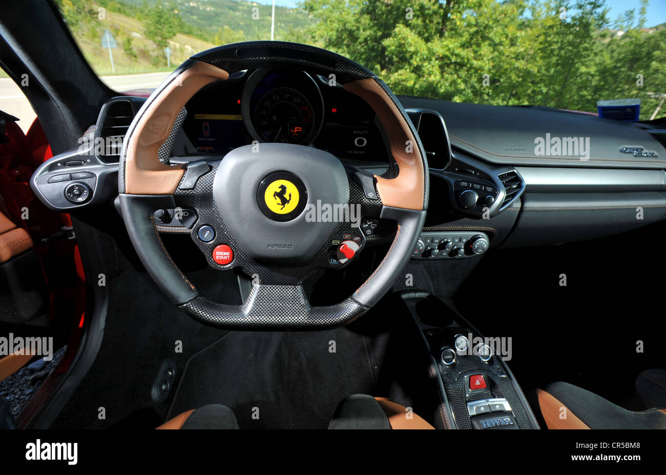 2011 Ferrari 458 Italia red Italian supercar in Modena steering wheel and dashboard interior Stock Photo