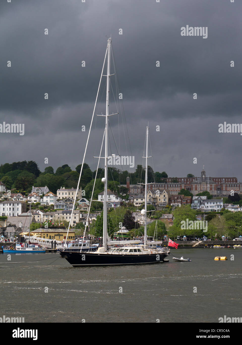 The beautiful large sailing yacht William Tai moored on the River Dart at Dartmouth in Devon England. Designed by Ted Hood Stock Photo