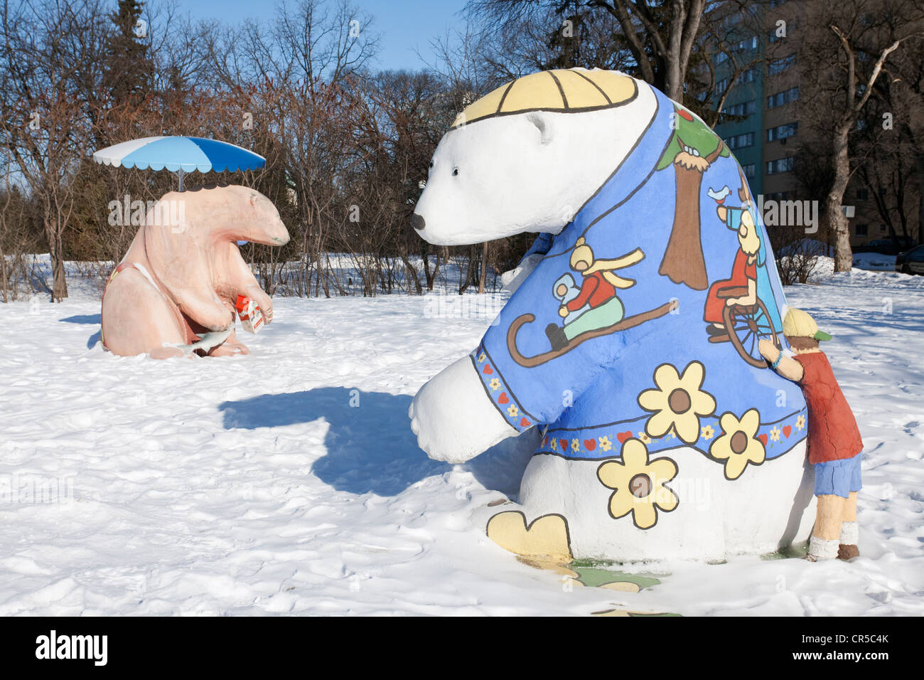 Canada, Manitoba Province, Winnipeg, the Parliament Park, colourful sculptures of bear Stock