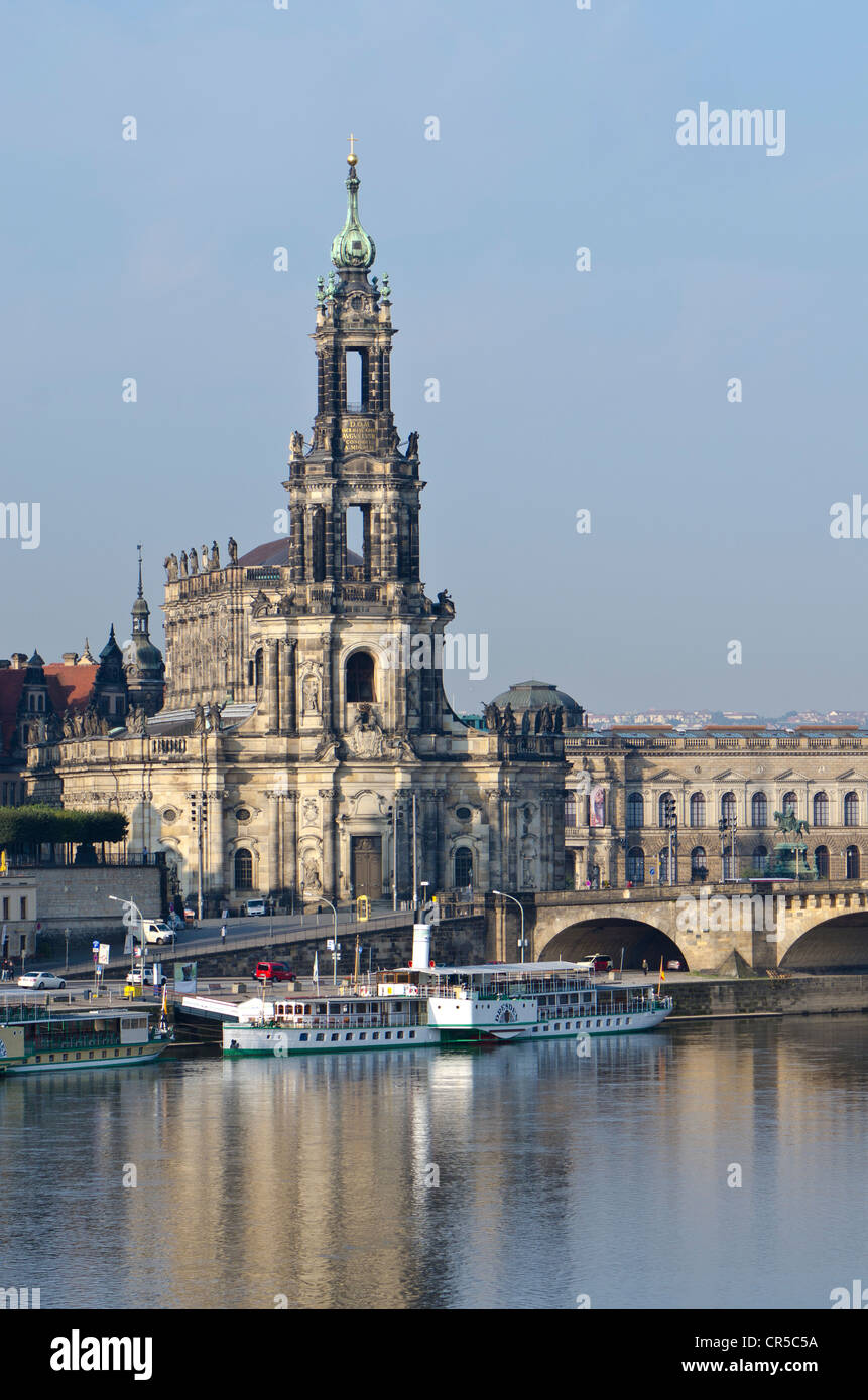 Hofkirche church, seen across the river Elbe from Carolabruecke bridge, Dresden, Saxony, Germany, Europe Stock Photo