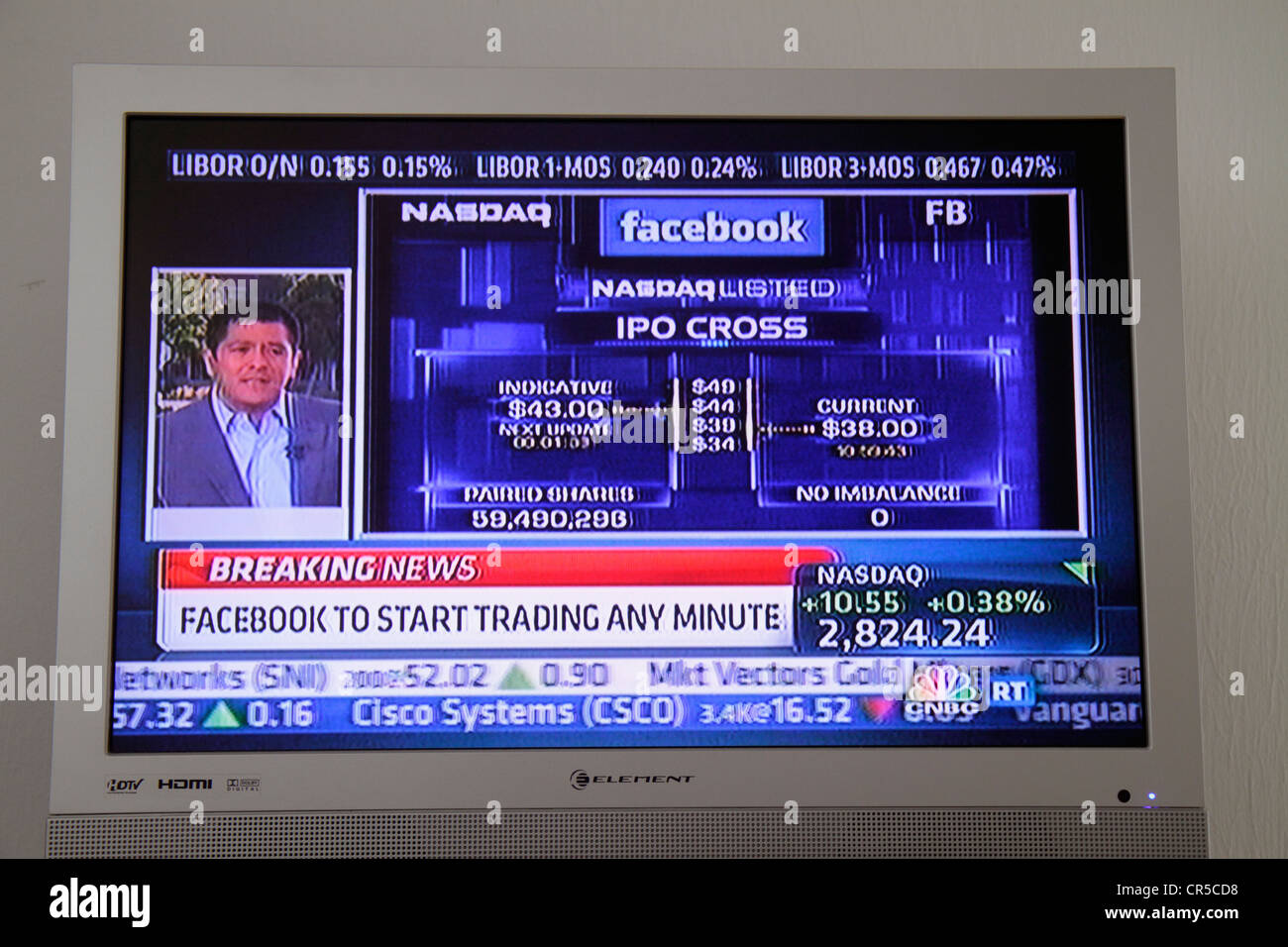 Florida,television,set,TV,cable,channel,HDTV,digital,monitor,CNBC,breaking news,Facebook,FB,IPO,initial public offering,stock market,opening trade,NAS Stock Photo