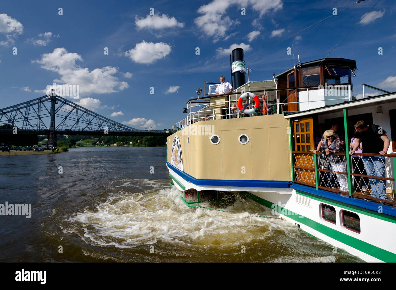 Old steamboot on the river Elbe, Blaues Wunder bridge at back, Dresden, Saxony, Germany, Europe Stock Photo