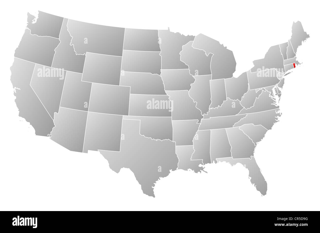 Political map of United States with the several states where Rhode Island is highlighted. Stock Photo