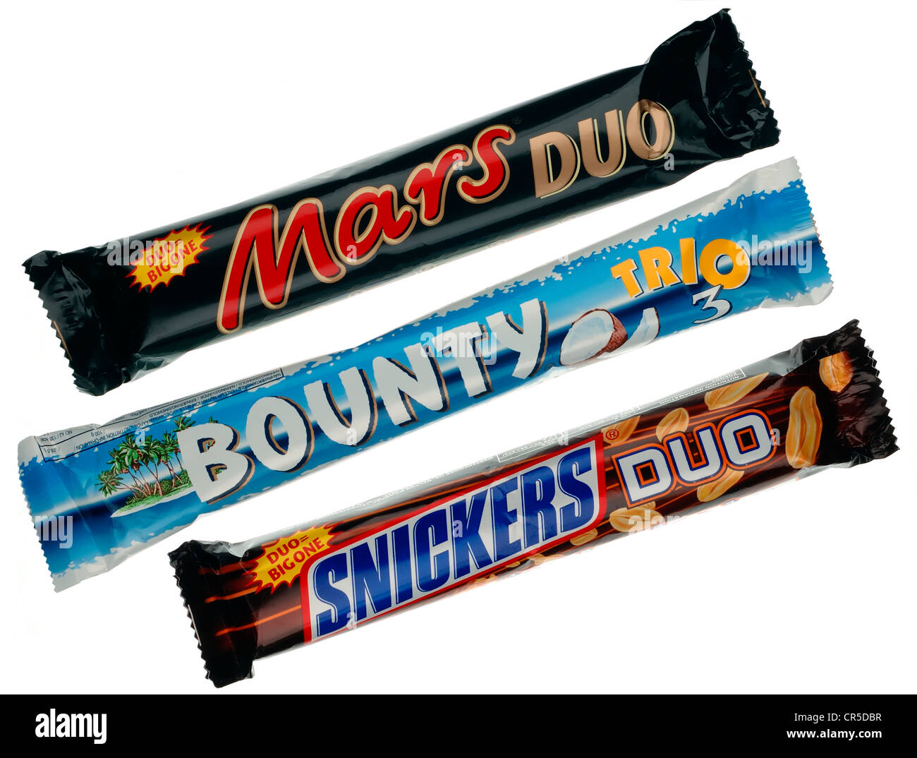 Mars Duo, Bounty Trio and Snickers Duo Chocolate Bars. Stock Photo
