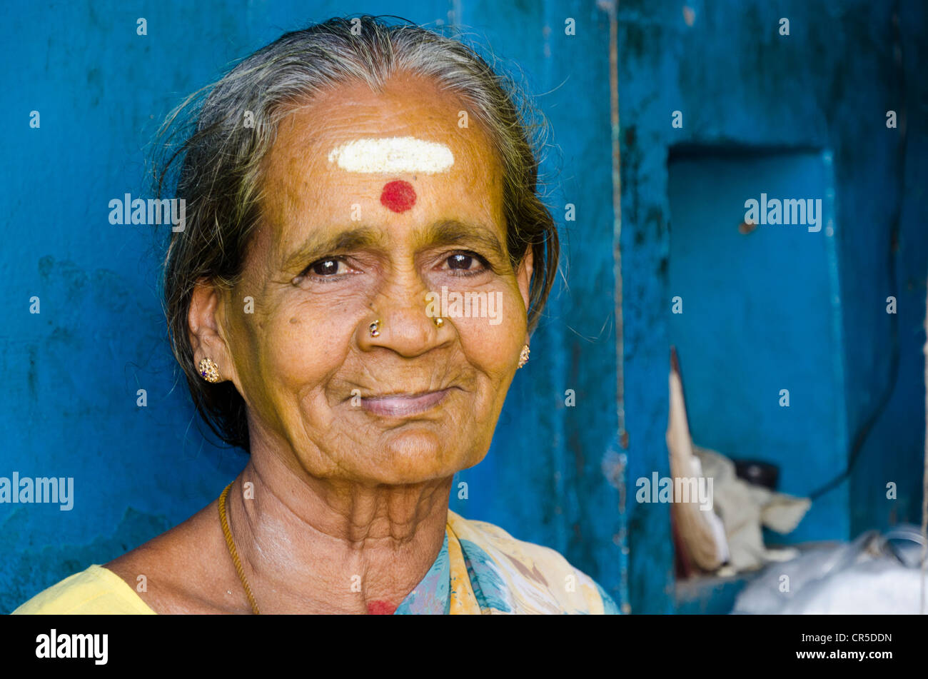 Portrait of a fruitseller in Madurai, Tamil Nadu, India, Asia Stock Photo