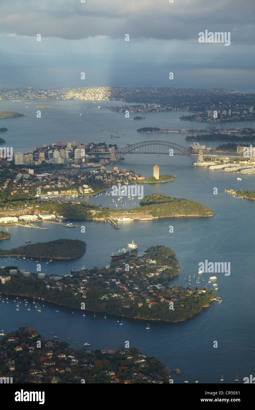 Sydney Harbour and Sydney Harbour Bridge, Sydney, New South Wales, Australia - aerial Stock Photo