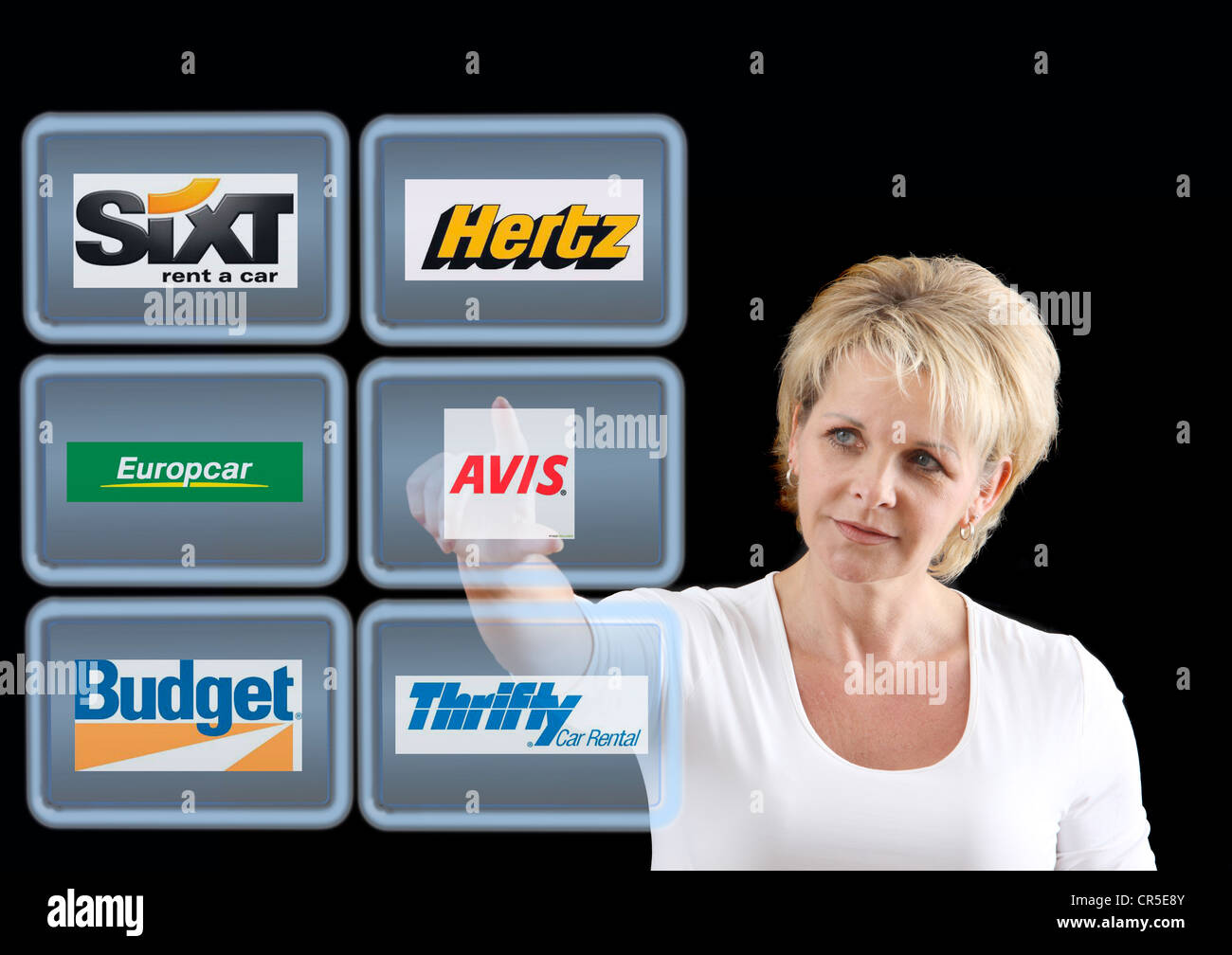 Virtual screens, touch screens. Car rental agencies. Symbolic Image. Stock Photo