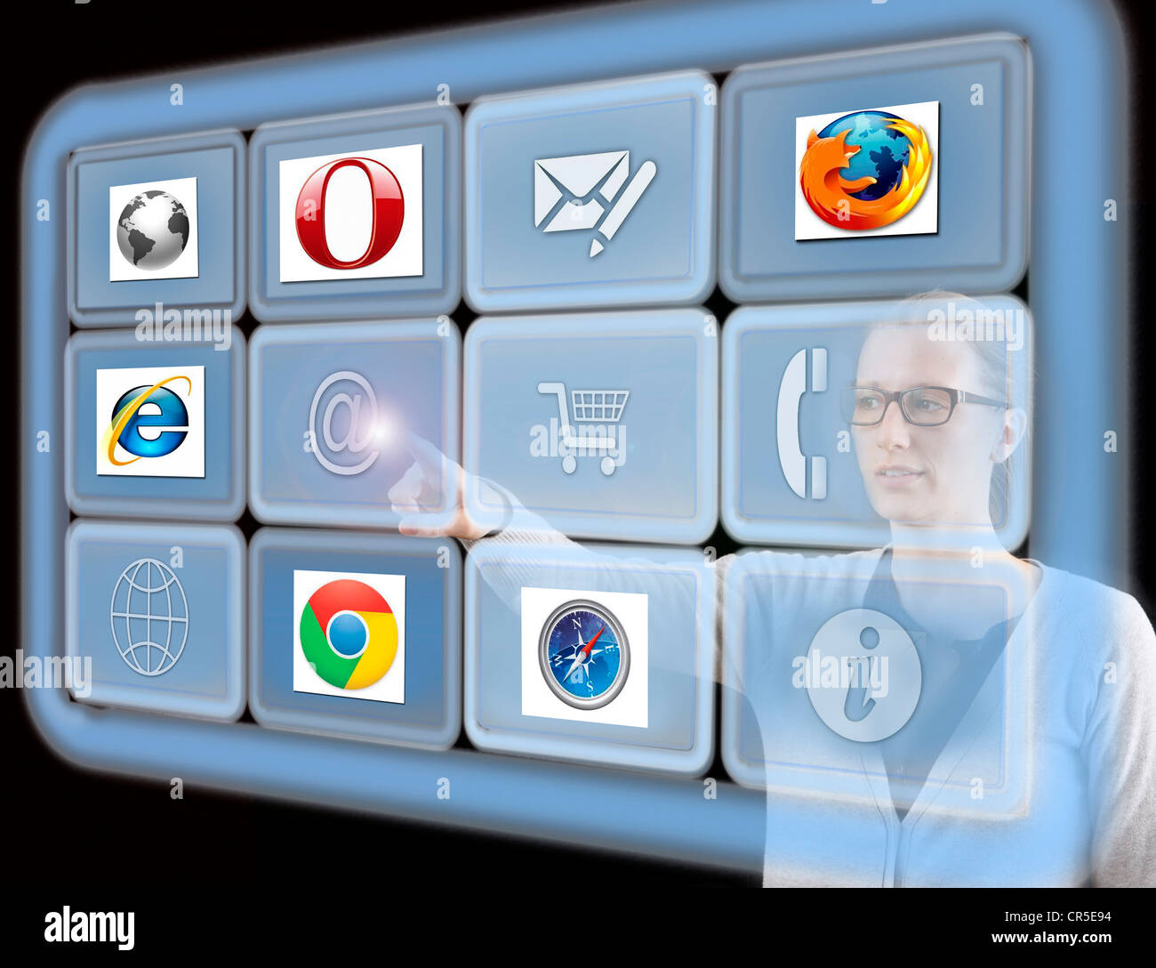 Virtual screens, touch screens. Different types of browsers, user interface for the Internet. Symbolic Image. Stock Photo