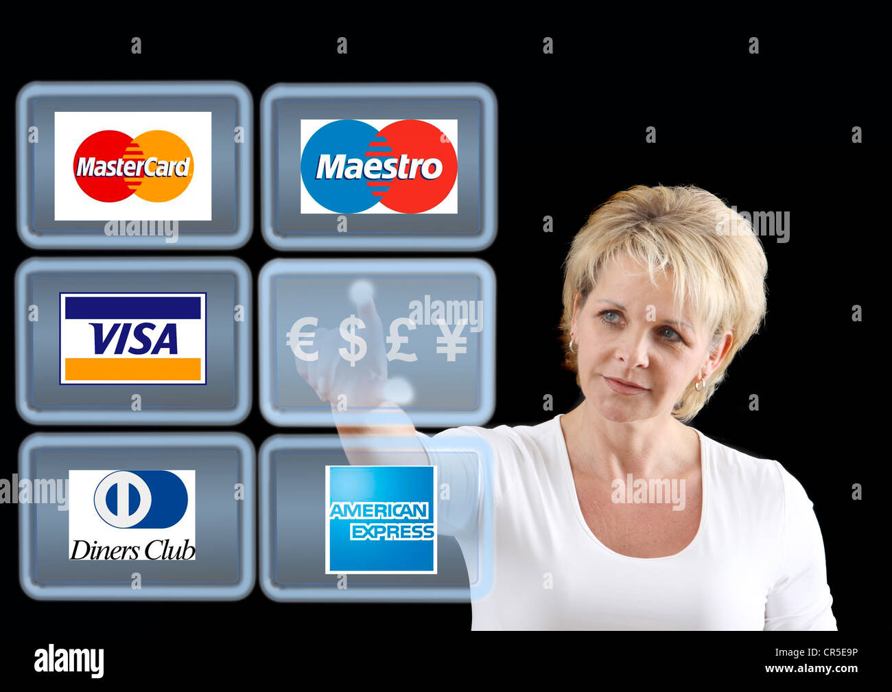 Virtual screens, touch screens. Credit card companies. Symbolic Image. Stock Photo