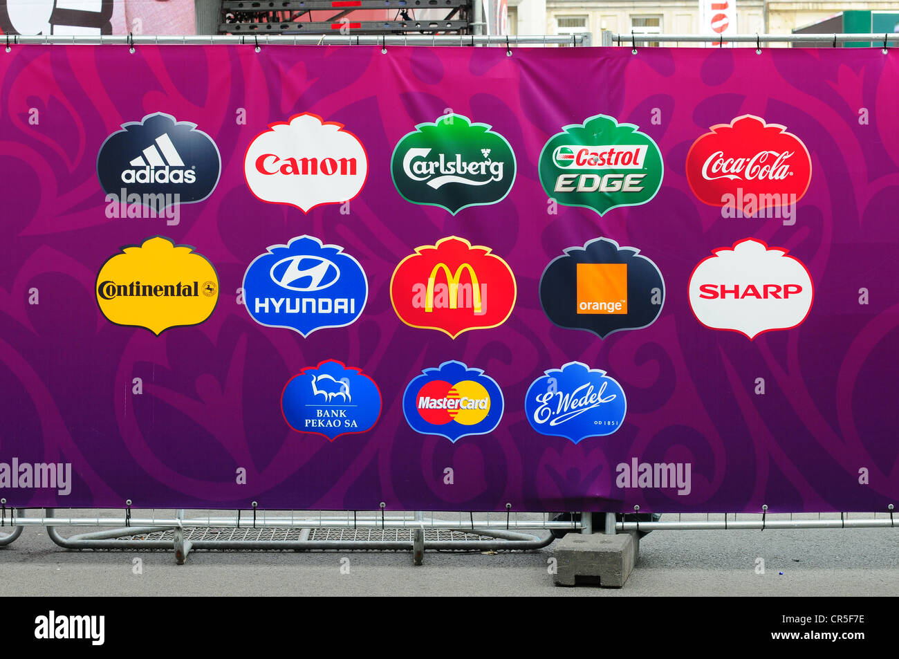 Euro 2012 sponsor logos in Poznan, Poland Stock Photo