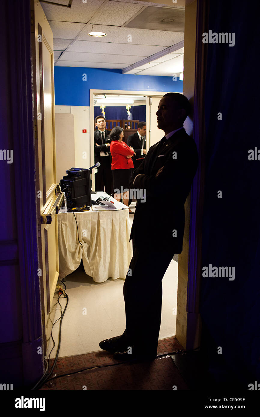 US President Barack Obama waits backstage before delivering the keynote address at the the Asian Pacific American Institute for Congressional Studies 18th Annual Gala Dinner May 8, 2012 in Washington, DC Stock Photo