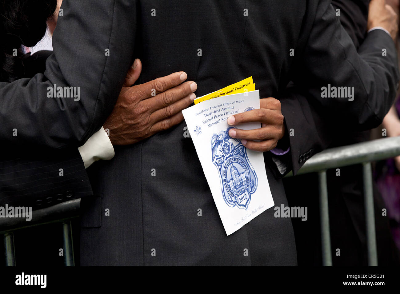 US President Barack Obama greets people in the audience at the National Peace Officers Memorial Service, an annual ceremony honoring law enforcement who were killed in the line of duty at the U.S. Capitol May 15, 201 in Washington, DC. Stock Photo