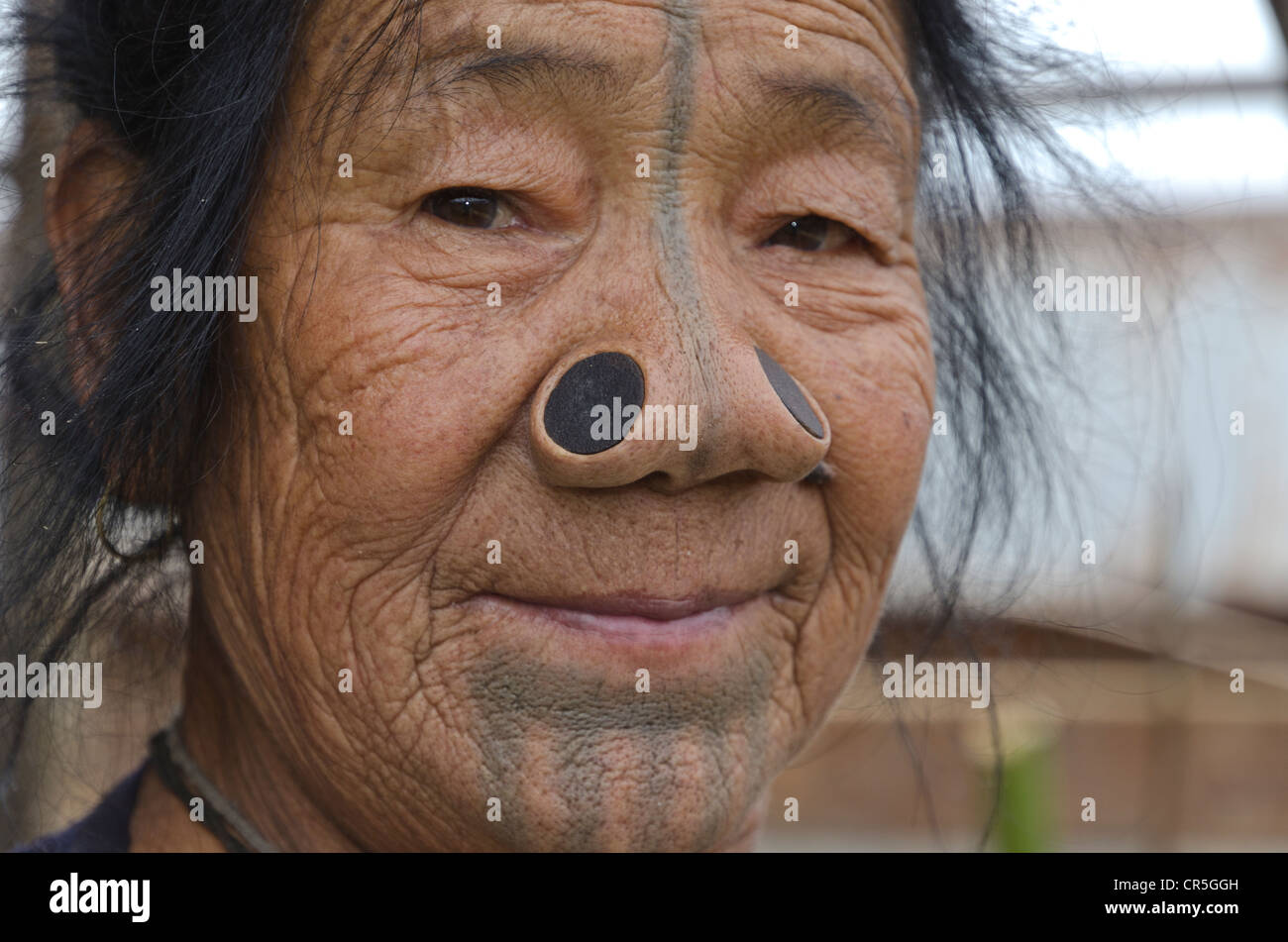 Apatani woman with the traditional bamboo-discs in her nostrils, this custom was meant to prevent the young Apatani women from Stock Photo