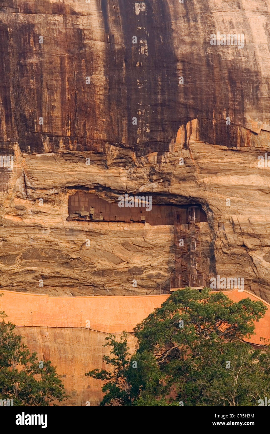 Spiral staircase to the Sigiriya Rock cave frescoes, Sigiriya, Central, Sri Lanka Stock Photo