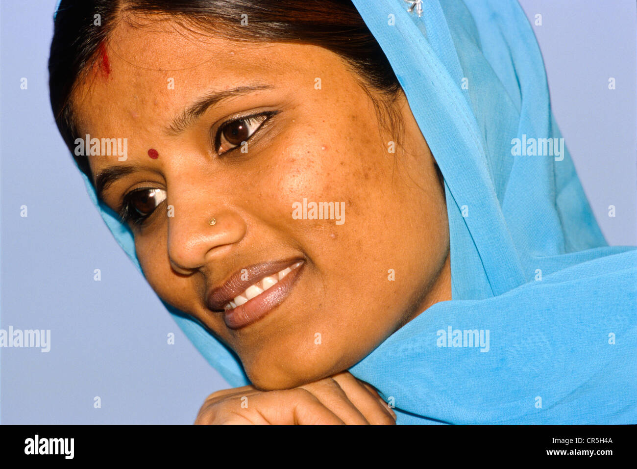 Portrait of a local woman in her festive sari, Almora, Uttarakhand, formerly Uttaranchal, India, Asia Stock Photo