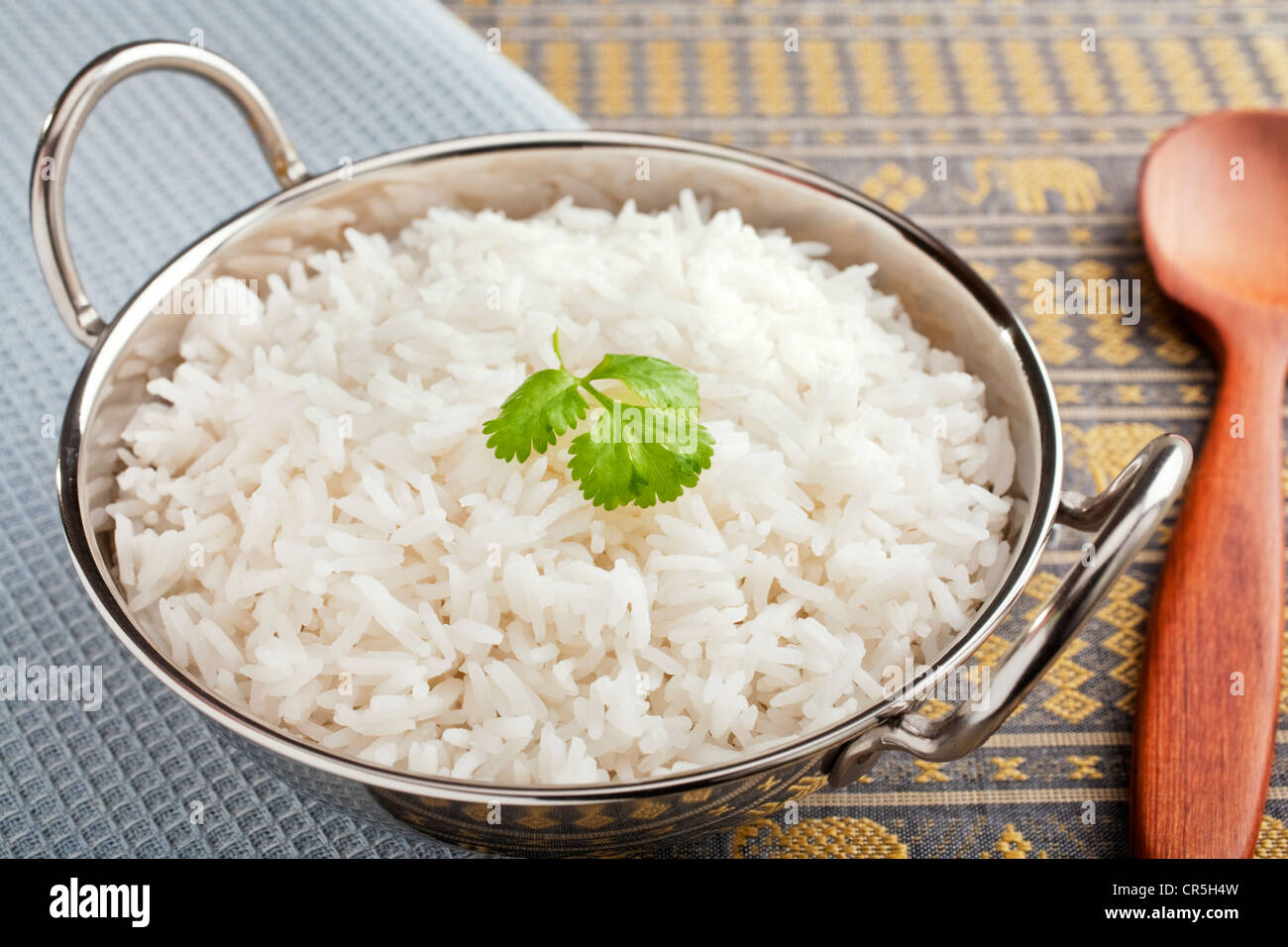 Basmati rice, perfectly cooked, in a steel karahi with a garnish or coriander. Stock Photo