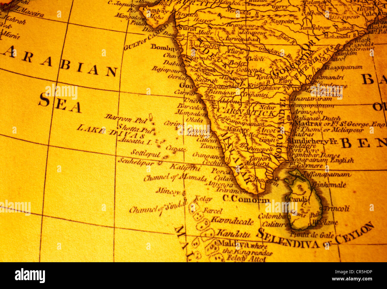 Old map of India and Sri Lanka or Ceylon and Arabian Sea. Map is from 1799 and is out of copyright. Stock Photo