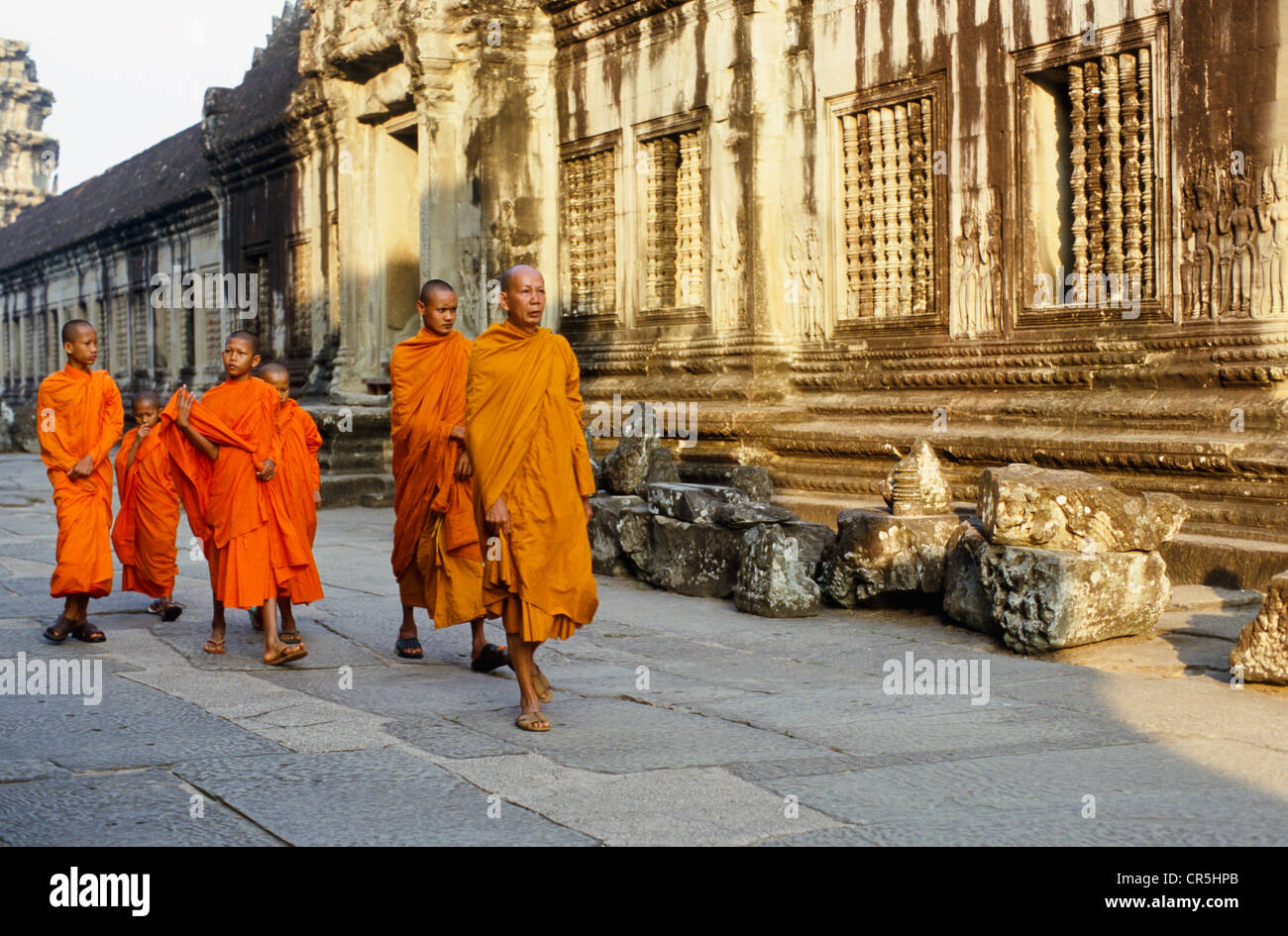 Monks visiting Angkor Wat, Siem Reap, Cambodia, Southeast Asia Stock Photo