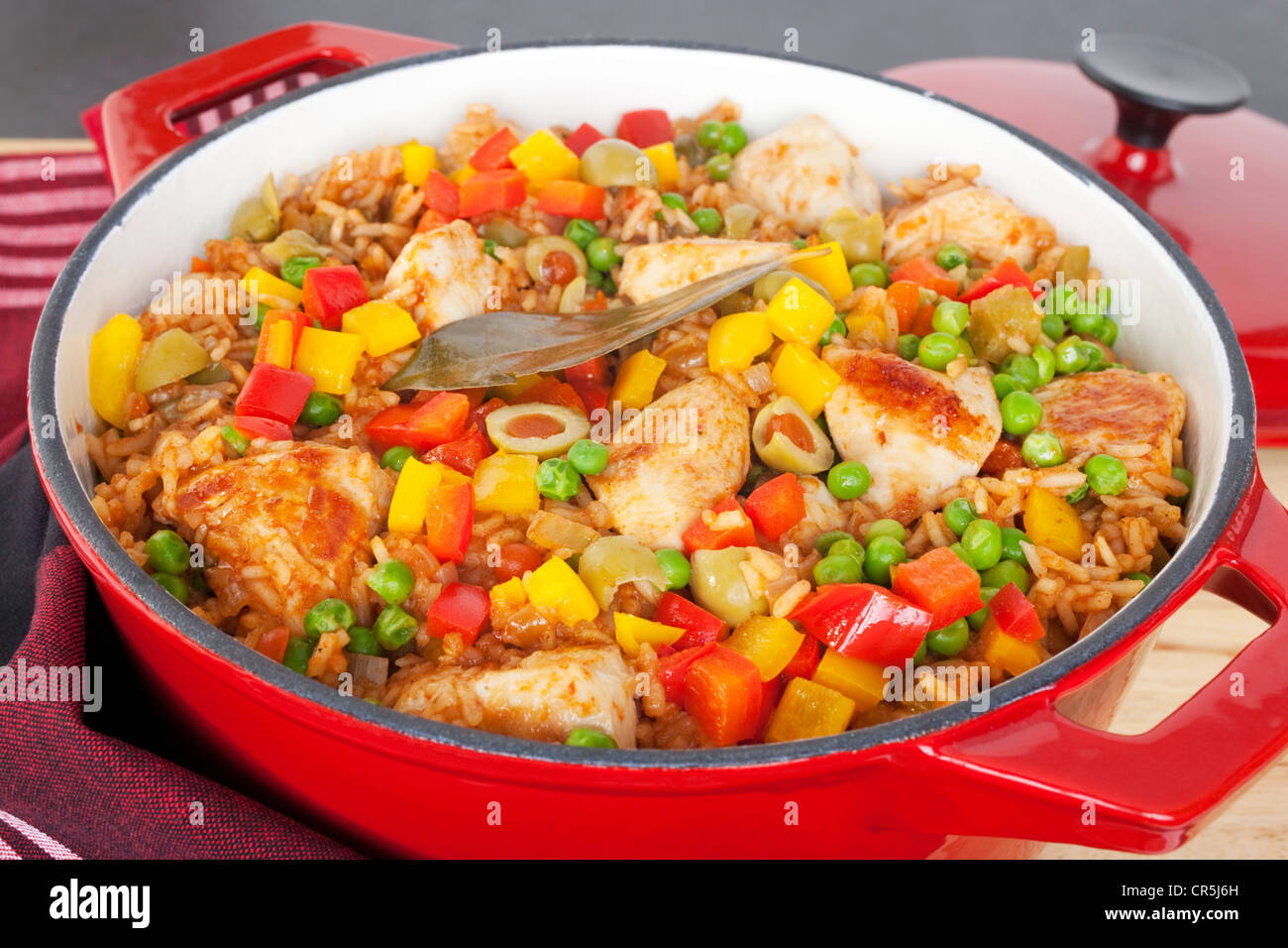 Chicken and rice dish, arroz con pollo, from Latin America, Stock Photo