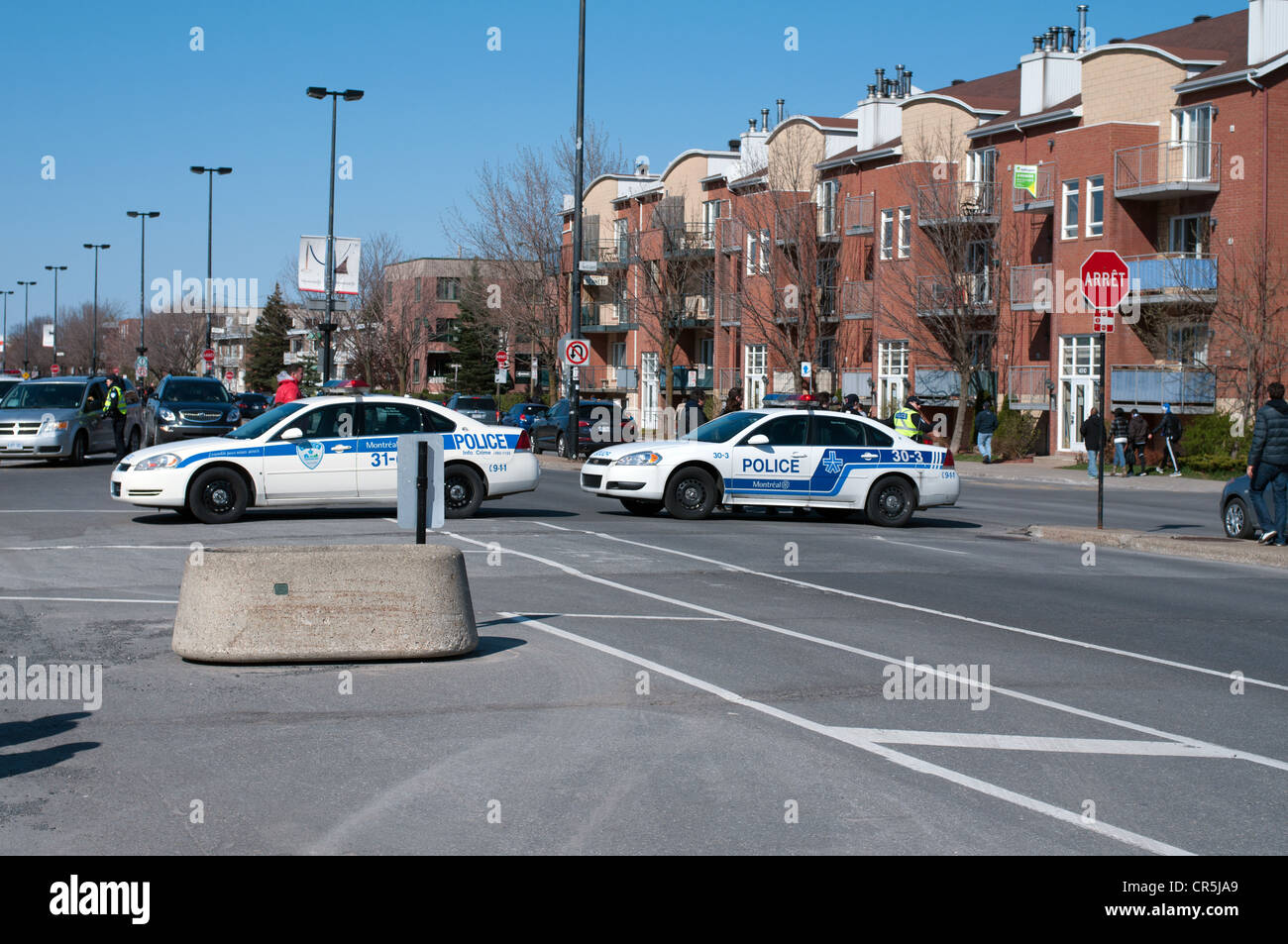 Police cars blocking the road, Montreal, Quebec, Canada Stock Photo