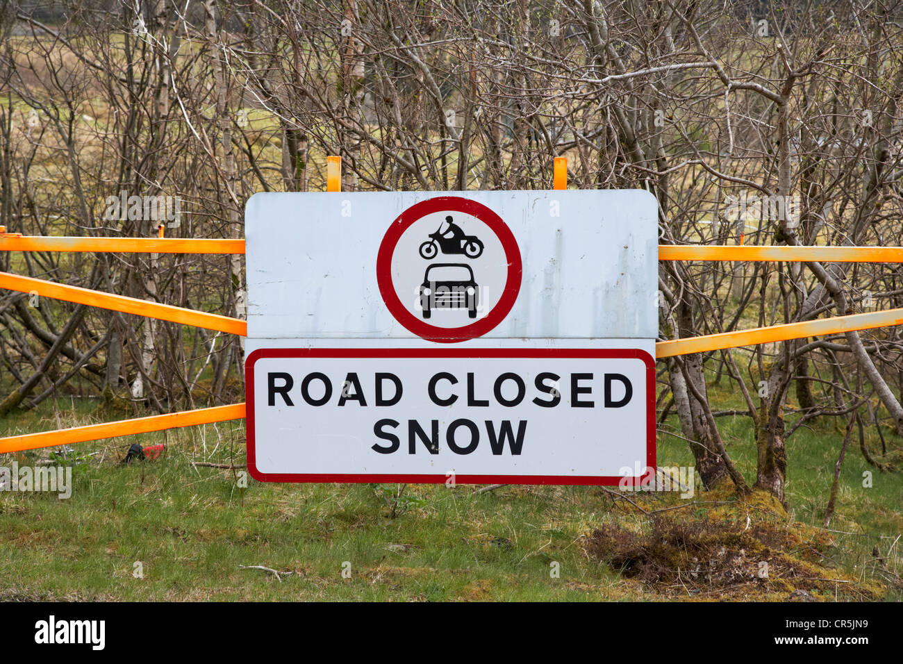 road closed due to snow roadsign and barrier on the a85 in