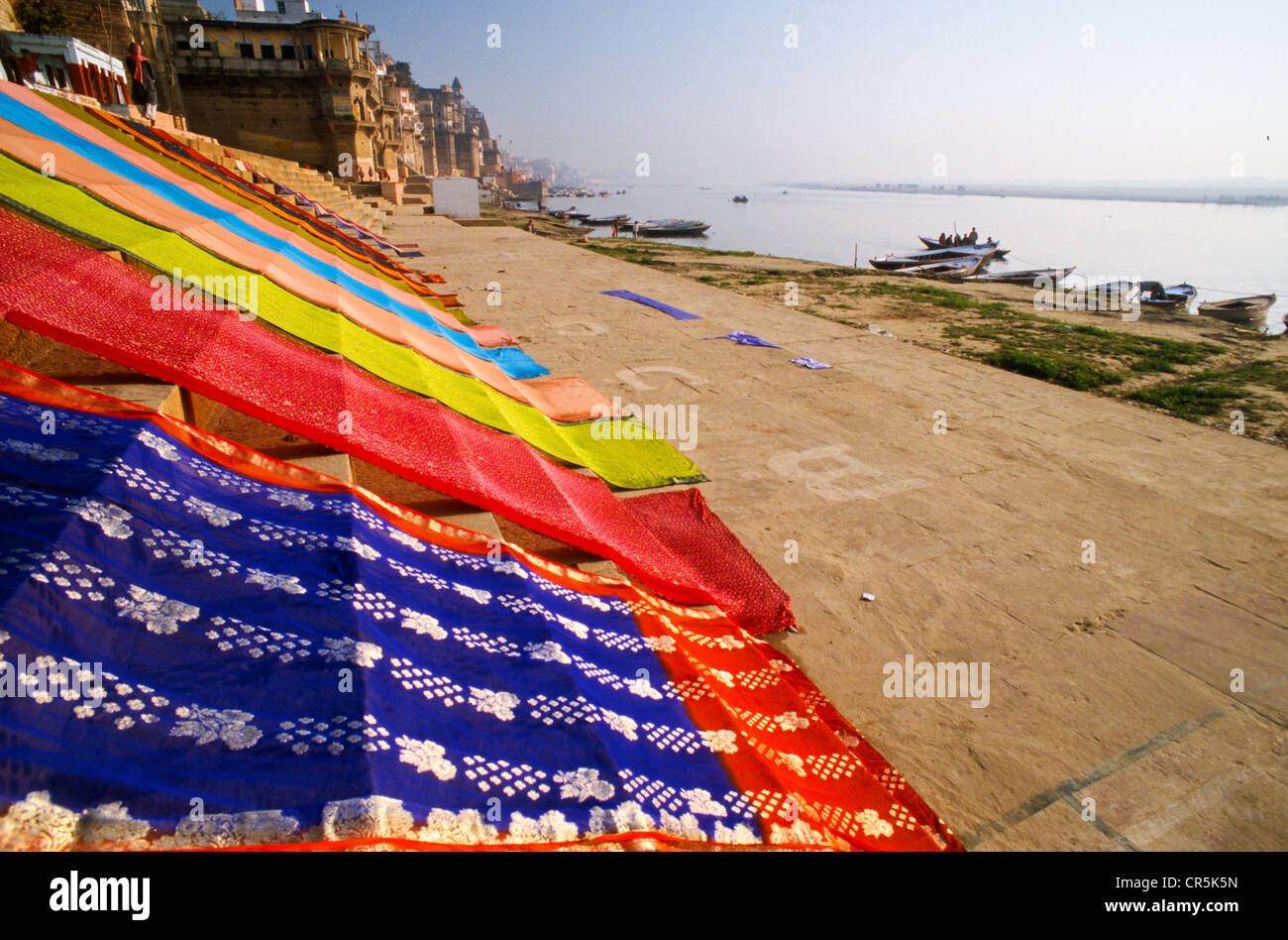 Saris drying quickly in the hot winds of Varanasi, Uttar Pradesh, India, Asia Stock Photo