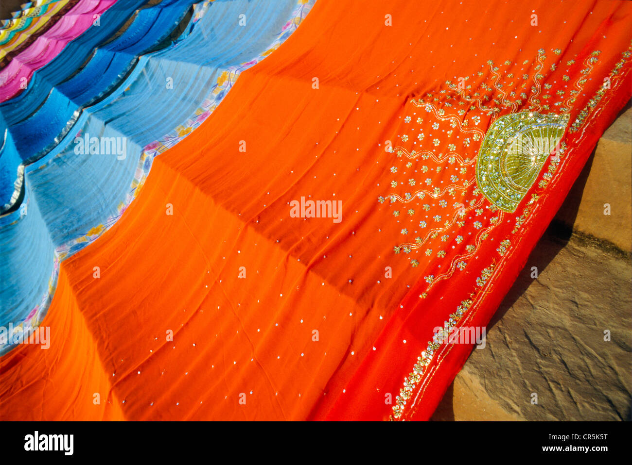 Sari drying quickly in the hot winds of Varanasi, Uttar Pradesh, India, Asia Stock Photo